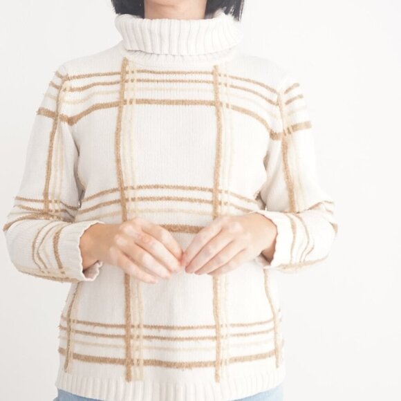 Vintage Liz Claiborne Cream w Brown Cross Pattern Knit Turtleneck Sweater S - Picture 2 of 10